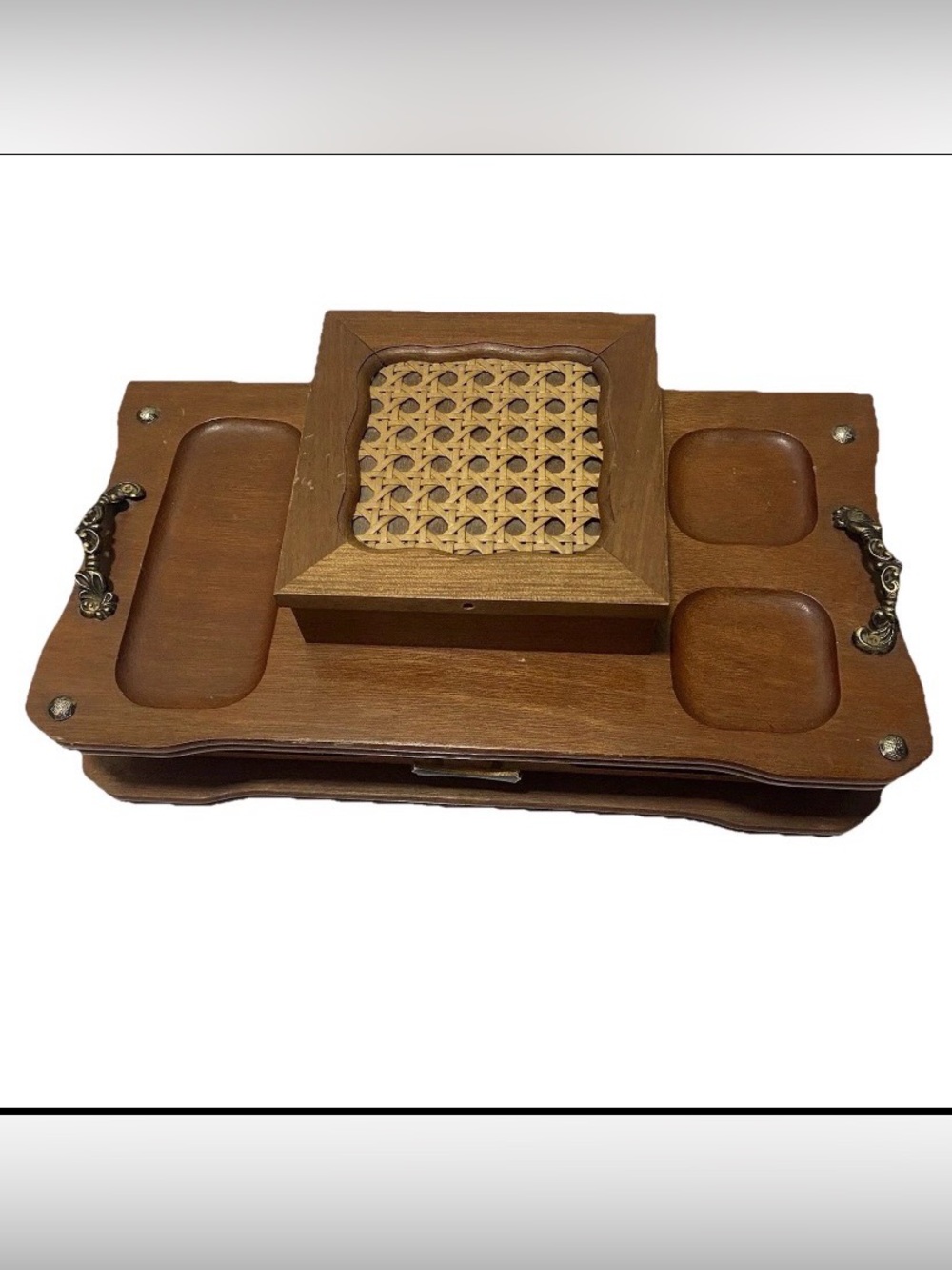 Vintage Wood Cane Dresser Valet Tray Box Brass Handles Drawer Compartments